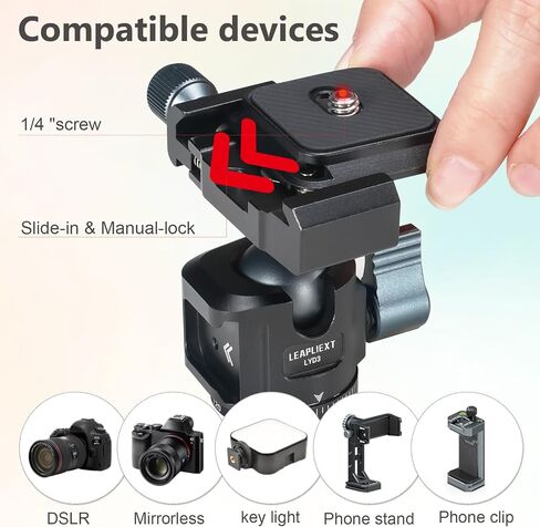 Arca-Swiss 360° Panoramic Ball Head, Aluminum Alloy, 1/4" & 3/8" Threads, 2.5KG/5.5LBS Load, 90° Tilt, Quick Release Plate for Tripod, Monopod, DSLR, Camcorder, Photography & Videography in Kuwait