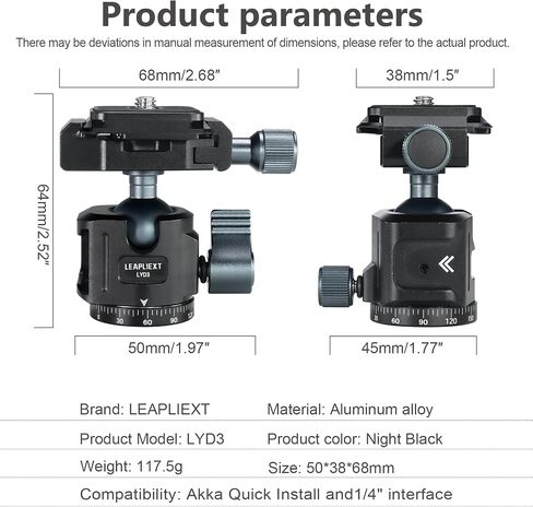 Arca-Swiss 360° Panoramic Ball Head, Aluminum Alloy, 1/4" & 3/8" Threads, 2.5KG/5.5LBS Load, 90° Tilt, Quick Release Plate for Tripod, Monopod, DSLR, Camcorder, Photography & Videography in Kuwait