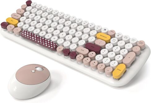 Wireless Keyboard and Mouse Combo, MOWUX - Modern Compact Layout, Colorful Compact Candy Mouse and Retro Round Keyboard Set with Cover, for PC/Laptop/Windows/Mac - White Pink Colorful in Kuwait