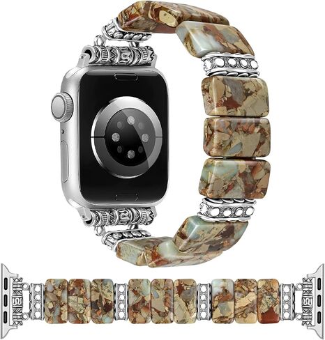 Newlibery Beaded Natural Stone Bracelet Band Women Compatible with Apple Watch 38/40/41/42mm(S10/11) Boho Elastic Western Vintage Imperial Stone Strap for iWatch Series 11/10/9/8/7/6/5/4/3/2/1/SE in Kuwait