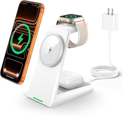 3 in 1 Magnetic Wireless Charging Station - 15W Fast Charging for iPhone 17/16/15/14/13/12, Compatible with MagSafe, for Apple Watch & AirPods, Auto-Dimming Light for Nightstand, Includes 30W Adapter in Kuwait