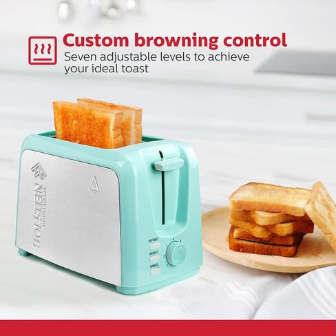 Holstein Housewares 2-Slice Toaster with 7 Browning Settings, Extra-Wide Slots, Reheat, Defrost, Cancel, High-Lift Release, Removable Crumb Tray – Compact Stainless Steel, Mint in Kuwait