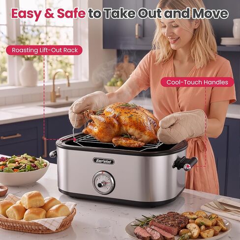 Sunvivi Upgrated Electric Roaster Oven with Extra Large Visible Glass Lid, Turkey Roaster with Self-Basting Lid, Defrost & Warm Function, Removable Pan & Rack, 150-450°F Adjustable Temp in Kuwait