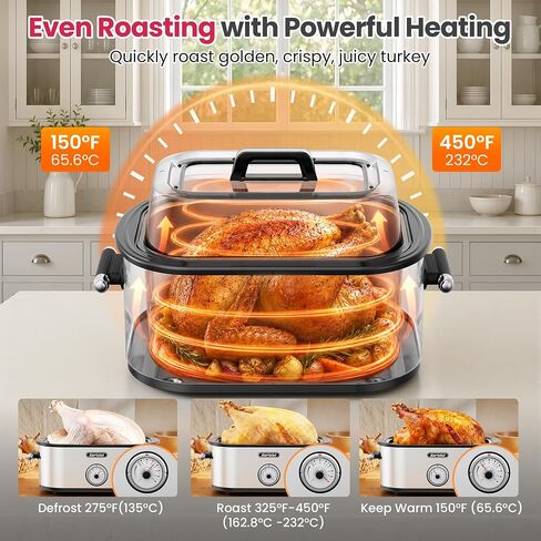 Sunvivi Upgrated Electric Roaster Oven with Extra Large Visible Glass Lid, Turkey Roaster with Self-Basting Lid, Defrost & Warm Function, Removable Pan & Rack, 150-450°F Adjustable Temp in Kuwait