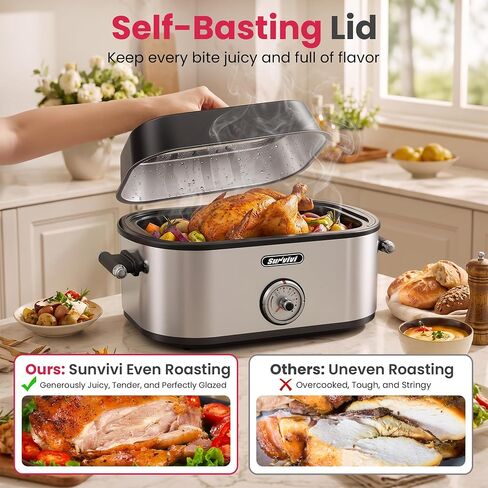 Sunvivi Upgrated Electric Roaster Oven with Extra Large Visible Glass Lid, Turkey Roaster with Self-Basting Lid, Defrost & Warm Function, Removable Pan & Rack, 150-450°F Adjustable Temp in Kuwait