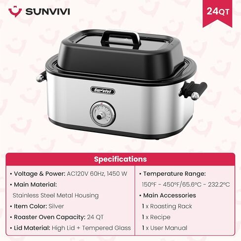 Sunvivi Upgrated Electric Roaster Oven with Extra Large Visible Glass Lid, Turkey Roaster with Self-Basting Lid, Defrost & Warm Function, Removable Pan & Rack, 150-450°F Adjustable Temp in Kuwait
