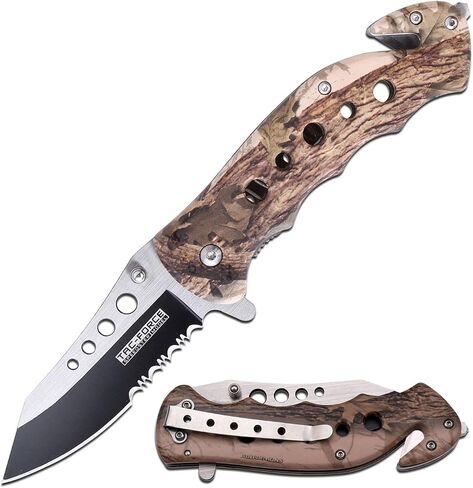 Tac-Force Pocket Folding Pocket Knife – Black/Satin, Partially Serrated Blade, Brown Camo Coated Aluminum Handle, Rope Cutter, Glass Punch, Pocket Clip, Tactical, EDC, Rescue - TF-498BC in Saudi Arabia