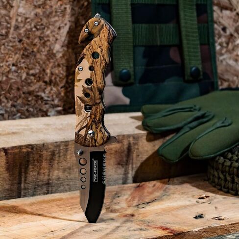 Tac-Force Pocket Folding Pocket Knife – Black/Satin, Partially Serrated Blade, Brown Camo Coated Aluminum Handle, Rope Cutter, Glass Punch, Pocket Clip, Tactical, EDC, Rescue - TF-498BC in Saudi Arabia