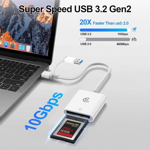 CFexpress Type B Card Reader with USB 3.2 (Gen 2) 10Gbps, USB & USBC to CF Express Memory Card Digital Camera Adapter for Canon/Nikon/Sony/Fujifilm, Compatible with iPhone/iPad/Tablet/Laptop/Computer in Kuwait