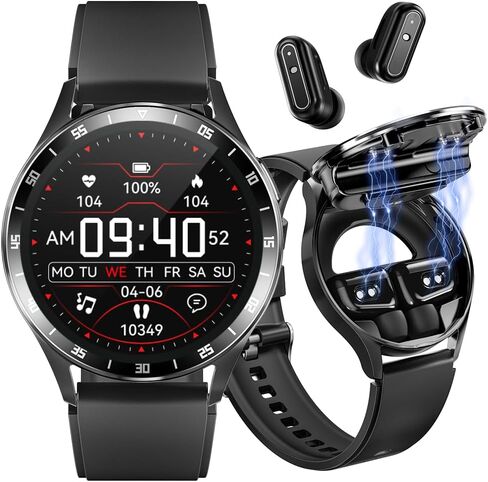 Smart Watch with Earbuds, 1.32 Inch Round Fitness Watch X10, 2 in 1 Bluetooth Watch with Step,Calories,Sleep Monitor,Heart Rate Blood Pressu-re Monitor for iOS & Android in Kuwait