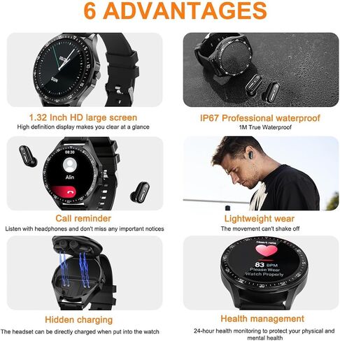 Smart Watch with Earbuds, 1.32 Inch Round Fitness Watch X10, 2 in 1 Bluetooth Watch with Step,Calories,Sleep Monitor,Heart Rate Blood Pressu-re Monitor for iOS & Android in Kuwait