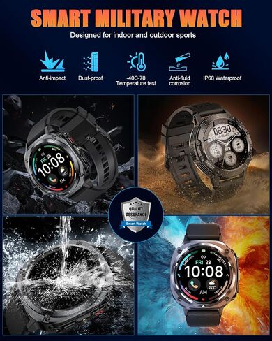 Military Smart Watches for Men(Answer/Make Calls), 1.39" HD Fitness Watch, 24/7 Heart Rate Sleep Monitor, Smart Watch for Men,114+ Sport Modes, IP68 Waterproof Smartwatch for Android iOS, 30Day, Black in Kuwait