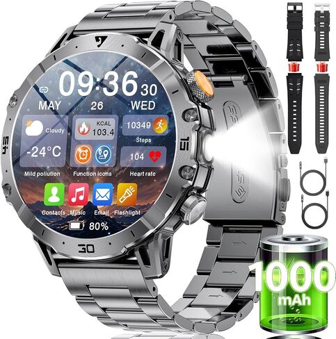LIGE Military Smart Watch for Men,60 Days Ultra Long Battery&LED Flashlight,1.7"Large Screen,IP68 Waterproof Smartwatch, Bluetooth Call,Heart Rate/Sleep Monitor,Fitness Tracker for iOS Android, Black in Kuwait