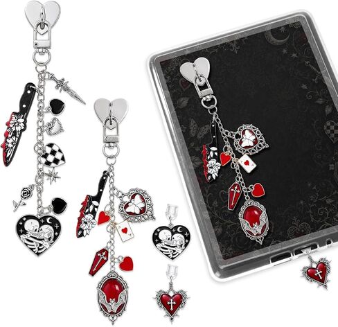 4Pcs Kindle Charm Chains Set Including Dust Plug Charm Type C/USB C, Dark Romance Decors for Book Lovers, Gothic Skull & Red Heart Accessories Compatible for E-Reader Phone Tablet Women Girls in Kuwait