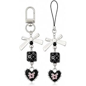 2 Pack Phone Charm Strap, Cute Black Heart Bow Beaded Pendant Accessories for Cellphones, Purse Decor, Keychain Hanging Ornament, Coquette Y2K Aesthetic Gift for Women Girls in Kuwait