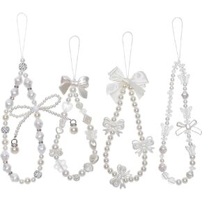 Fumwase 4PCS Beaded Phone Charms Strap Butterfly Bow Pearl Wrist Lanyard Phone Bracelet Wrist Straps Lanyard Keychain Charm for Women in Kuwait