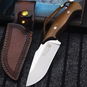 WPKOPYA U.S.A 9.8-inch 440c Mirror Light Full Tang Sandalwood Handle Outdoor Hunting Knife+Leather Sheath, Camping Survival, Fishing, Hiking, EDC Tool in Kuwait
