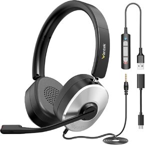 Wantek USB Headset with Microphone for PC, Wired On-Ear | Noise Cancelling Mic, USB/3.5mm/Type-C, Home Office, Work, Call Center, Online Courses, Skype, Zoom（Silver） in Kuwait