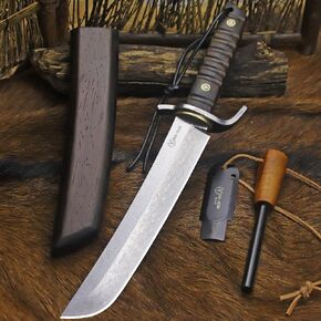 BA-KOR (14.4 inches) Damascus steel Japanese full tang hunting knife, 7mm thick G10 core, equipped with ebony handle and wooden sheath, &(5.9IN) cerium igniter sharp with three water-cooling blades, suitable for camping, wilderness survival and jungle hun in Kuwait