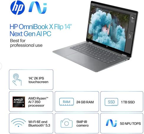 HP OmniBook X Flip 2-in-1 Laptop 14" WUXGA IPS Touchscreen 8-Core AMD Ryzen AI 7 350 24GB LPDDR5 1TB SSD AMD Radeon 860M Graphics Wi-Fi 6E Backlit Keyboard Win11 Home W/Mouse in Kuwait