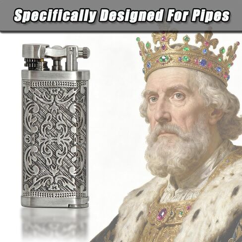 Pipe Lighter Chrome Arabesque Carved 90°Angled Soft Flame, Butane Refillable with Tamper & Scraper, Use Zinc Alloy (Butane Not Include) in Kuwait
