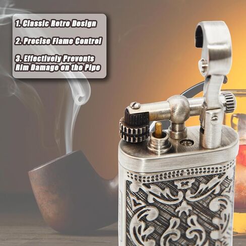 Pipe Lighter Chrome Arabesque Carved 90°Angled Soft Flame, Butane Refillable with Tamper & Scraper, Use Zinc Alloy (Butane Not Include) in Kuwait