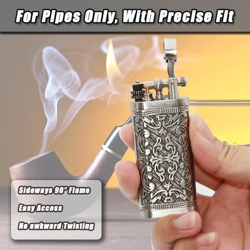 Pipe Lighter Chrome Arabesque Carved 90°Angled Soft Flame, Butane Refillable with Tamper & Scraper, Use Zinc Alloy (Butane Not Include) in Kuwait