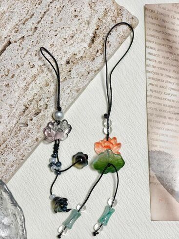 Meefisher 2 PCS Chinese Glass Lotus Phone Charm Vintage Tassel Floral Strap in Kuwait