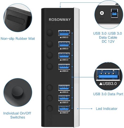 Rosonway 13-Port Powered USB 3.2 Hub 10Gbps, Aluminum USB Hub 72W,RSH-A13 in Kuwait