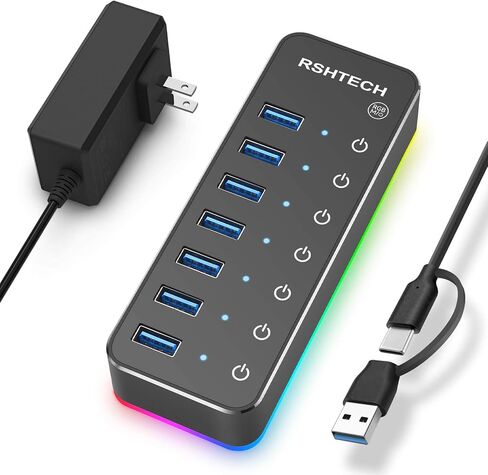 RSHTECH RGB USB Hub, USB C/USB 3.0 to 7-Port Powered USB Hub, RSH-518R in Kuwait