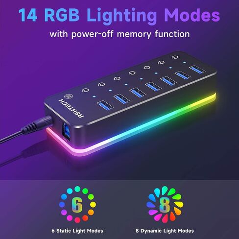 RSHTECH RGB USB Hub, USB C/USB 3.0 to 7-Port Powered USB Hub, RSH-518R in Kuwait