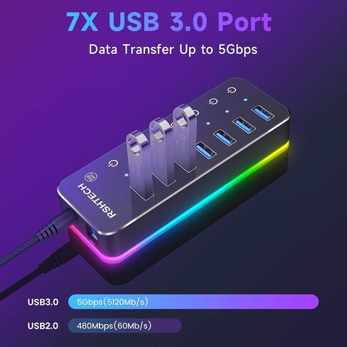 RSHTECH RGB USB Hub, USB C/USB 3.0 to 7-Port Powered USB Hub, RSH-518R in Kuwait