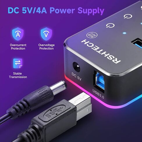 RSHTECH RGB USB Hub, USB C/USB 3.0 to 7-Port Powered USB Hub, RSH-518R in Kuwait