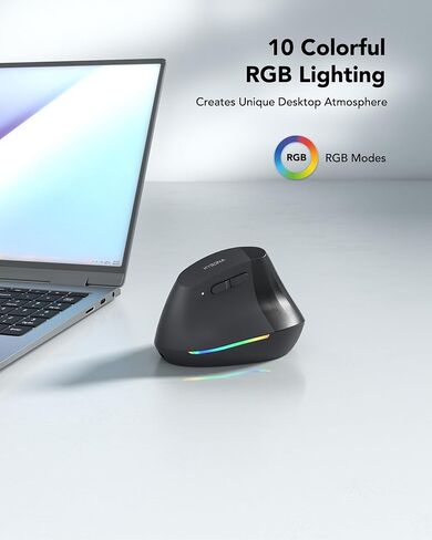Wireless Ergonomic Mouse, Rechargeable Bluetooth Vertical Mouse for Laptop/Computer/Ipad/Mac, Quiet Click, 10 Color LED, 5 Adjustable DPI, Wrist Strain Relief, USB-A Optical Mice for M/L Hands, Black in Kuwait