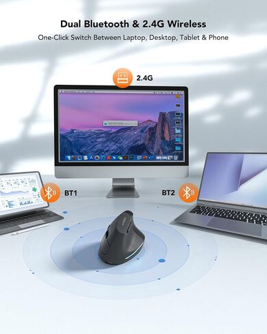 Wireless Ergonomic Mouse, Rechargeable Bluetooth Vertical Mouse for Laptop/Computer/Ipad/Mac, Quiet Click, 10 Color LED, 5 Adjustable DPI, Wrist Strain Relief, USB-A Optical Mice for M/L Hands, Black in Kuwait