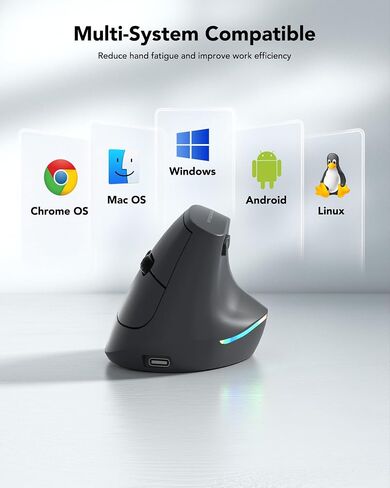 Wireless Ergonomic Mouse, Rechargeable Bluetooth Vertical Mouse for Laptop/Computer/Ipad/Mac, Quiet Click, 10 Color LED, 5 Adjustable DPI, Wrist Strain Relief, USB-A Optical Mice for M/L Hands, Black in Kuwait