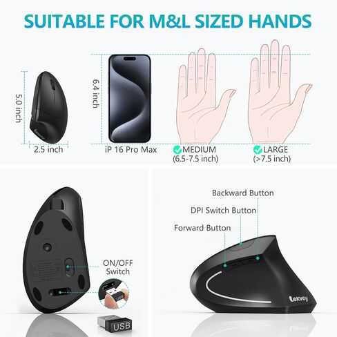 Lekvey Ergonomic Mouse, USB C Vertical Wireless Mouse, Rechargeable, Black in Kuwait