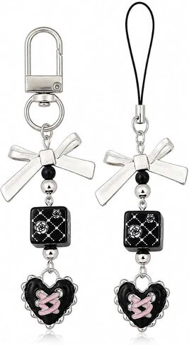 2 Pack Phone Charm Strap, Cute Black Heart Bow Beaded Pendant Accessories for Cellphones, Purse Decor, Keychain Hanging Ornament, Coquette Y2K Aesthetic Gift for Women Girls in Kuwait