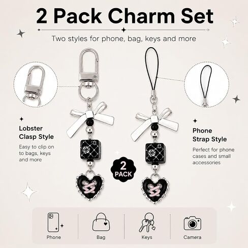 2 Pack Phone Charm Strap, Cute Black Heart Bow Beaded Pendant Accessories for Cellphones, Purse Decor, Keychain Hanging Ornament, Coquette Y2K Aesthetic Gift for Women Girls in Kuwait