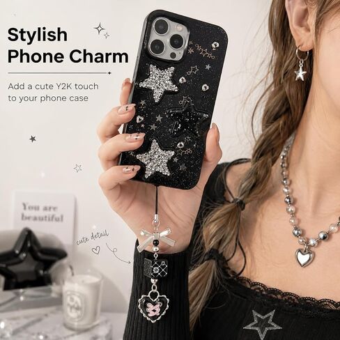 2 Pack Phone Charm Strap, Cute Black Heart Bow Beaded Pendant Accessories for Cellphones, Purse Decor, Keychain Hanging Ornament, Coquette Y2K Aesthetic Gift for Women Girls in Kuwait