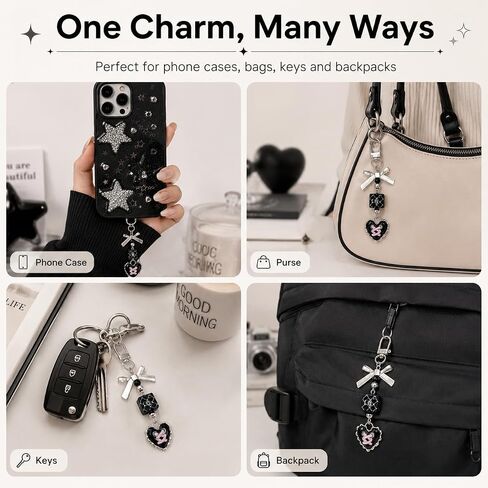 2 Pack Phone Charm Strap, Cute Black Heart Bow Beaded Pendant Accessories for Cellphones, Purse Decor, Keychain Hanging Ornament, Coquette Y2K Aesthetic Gift for Women Girls in Kuwait