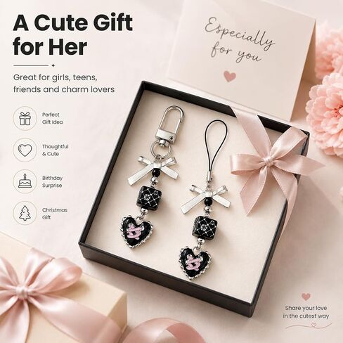 2 Pack Phone Charm Strap, Cute Black Heart Bow Beaded Pendant Accessories for Cellphones, Purse Decor, Keychain Hanging Ornament, Coquette Y2K Aesthetic Gift for Women Girls in Kuwait