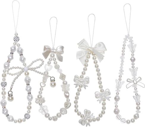 Fumwase 4PCS Beaded Phone Charms Strap Butterfly Bow Pearl Wrist Lanyard Phone Bracelet Wrist Straps Lanyard Keychain Charm for Women in Kuwait
