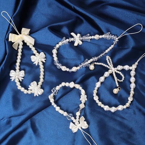 Fumwase 4PCS Beaded Phone Charms Strap Butterfly Bow Pearl Wrist Lanyard Phone Bracelet Wrist Straps Lanyard Keychain Charm for Women in Kuwait