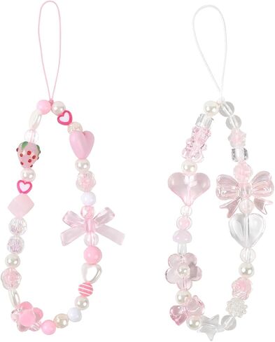 Pink Phone Charms Strap Cute Strawberry Phone Beads Charm Wrist Strap Y2k Bow Lanyard for Camera Keychain Decoration in Kuwait