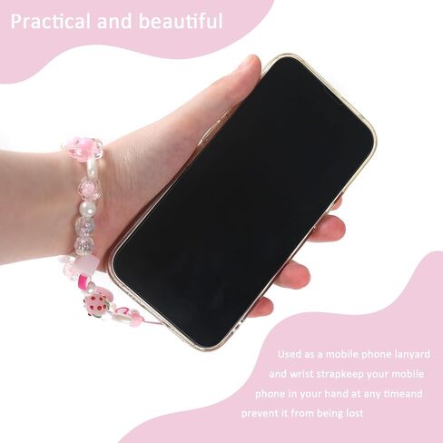 Pink Phone Charms Strap Cute Strawberry Phone Beads Charm Wrist Strap Y2k Bow Lanyard for Camera Keychain Decoration in Kuwait
