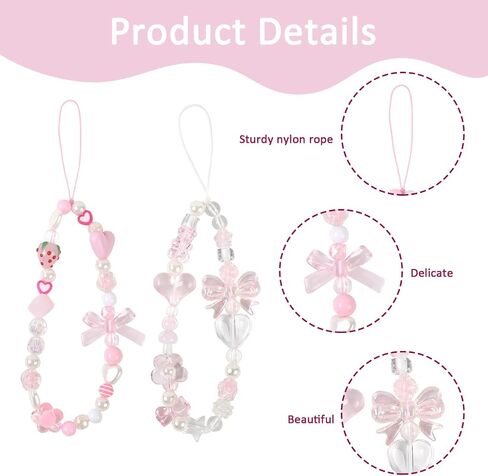 Pink Phone Charms Strap Cute Strawberry Phone Beads Charm Wrist Strap Y2k Bow Lanyard for Camera Keychain Decoration in Kuwait