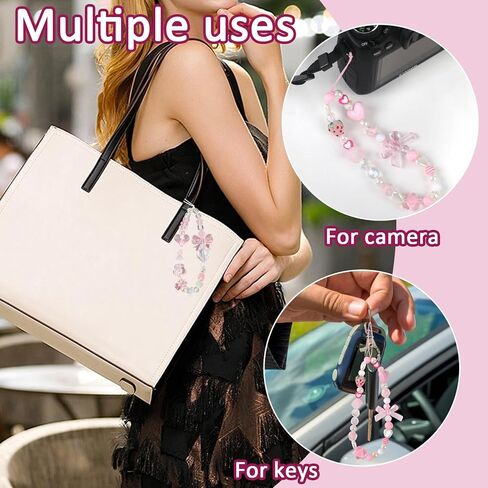 Pink Phone Charms Strap Cute Strawberry Phone Beads Charm Wrist Strap Y2k Bow Lanyard for Camera Keychain Decoration in Kuwait