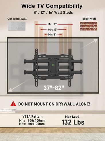 USX Mount Full Motion TV Wall Mount for 37-82 Inch TVs, Swivel and Tilt Wall Mount TV Barcket with Extension, Max VESA 600x400mm & 16" Wood Studs，Fit Most 55 65 70 75 80 inch TVs in Kuwait