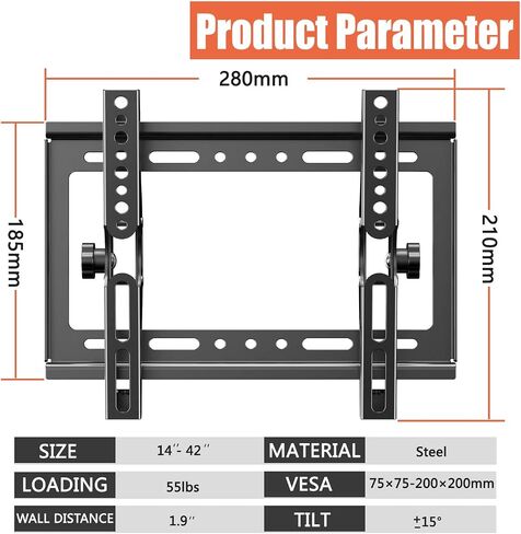Tilt TV Mount for Most 14-42 Inches Flat Curved Screen TVs and Monitor, Fit 22 24 27 32 39 40" Universal Slim Profile Wall Mount Bracket Loading 55lbs, Max VESA 250x210mm, Small TV Wall Mount in Kuwait